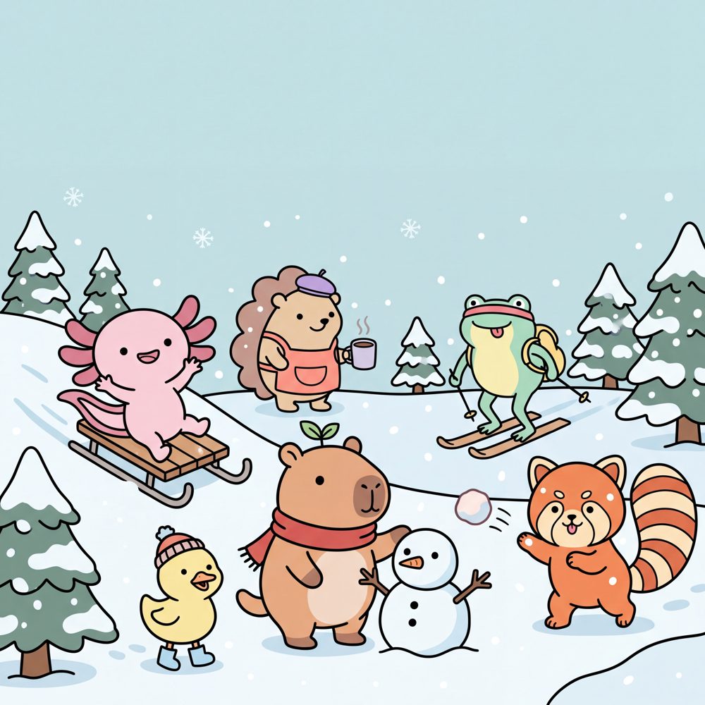 Capy & Lotl Winter Wonderland cover art: the friends playing in the snow