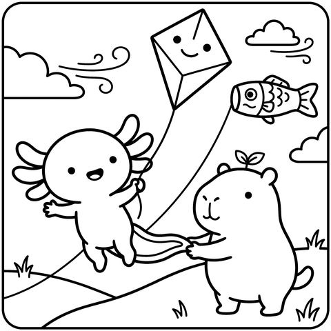 Axolotl Coloring Page: Flying a Kite