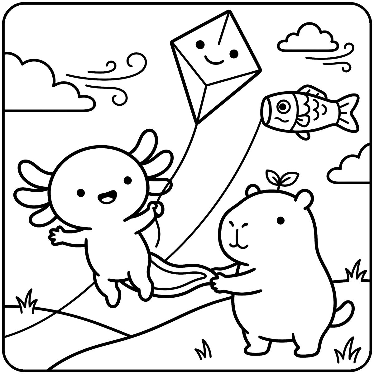 Axolotl Coloring Page: Flying a Kite, a free printable free axolotl coloring page from Capy & Lotl and Friends
