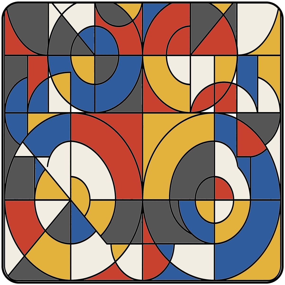 Bauhaus Color by Number Printable: finished colored preview in the Bauhaus Primary palette