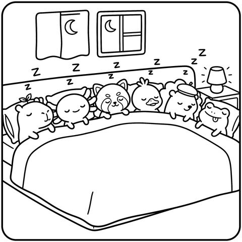 Bedtime Coloring Page: Six Sleepy Friends