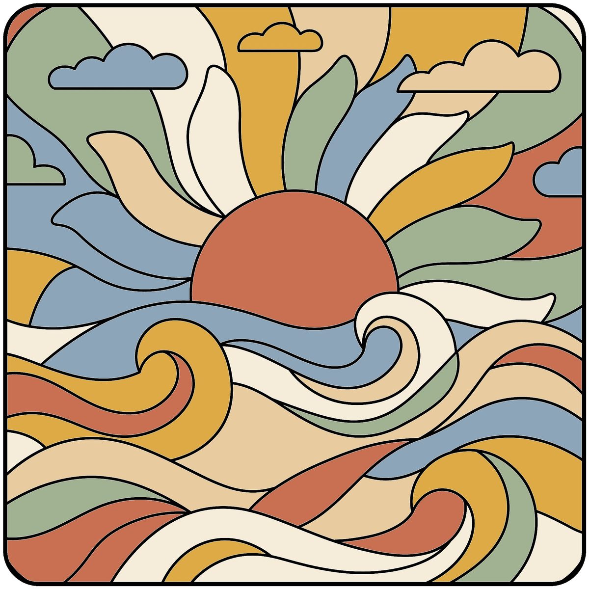 Boho Sunset Color by Number for Adults: finished colored preview in the Boho Sunset palette