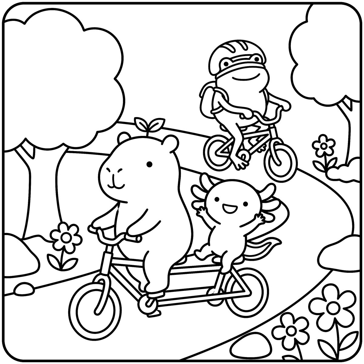 Capybara and Axolotl Coloring Page: Bike Ride, a free printable capybara and axolotl coloring page from Capy & Lotl and Friends