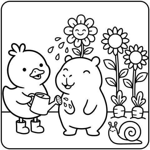 Capybara Coloring Page: Garden Helpers