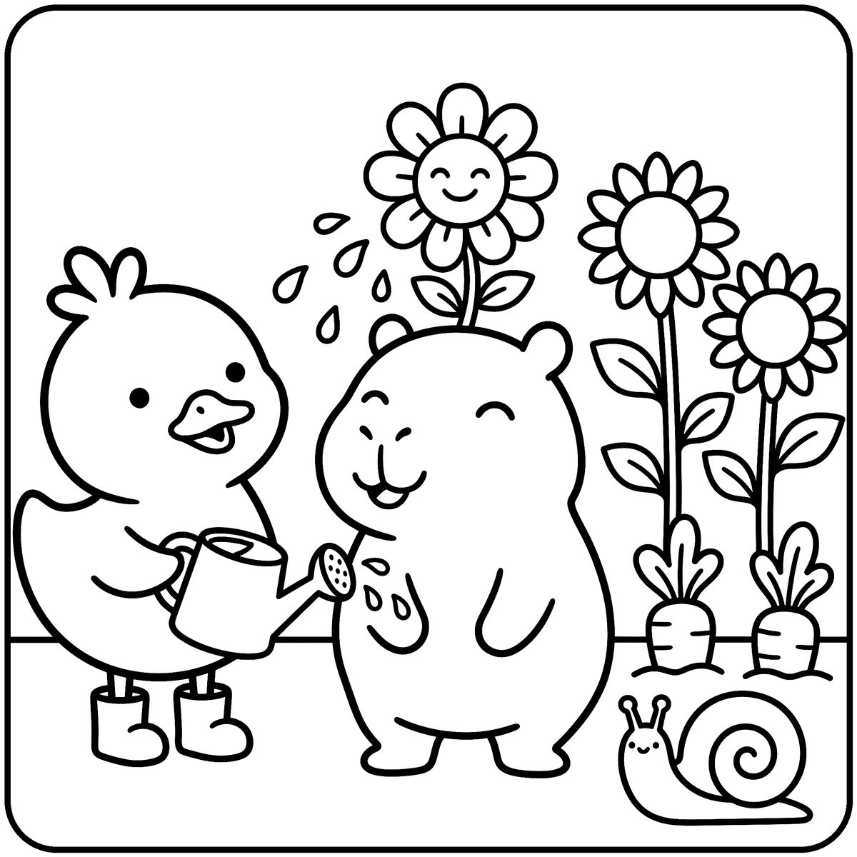 Capybara Coloring Page: Garden Helpers, a free printable capybara coloring page for kids from Capy & Lotl and Friends