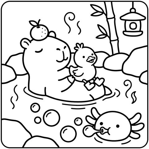Capybara Coloring Page: Hot Spring Day