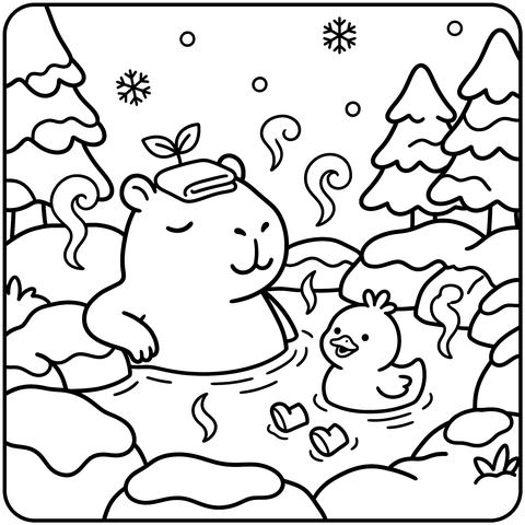 Capybara Coloring Page: Snowy Hot Spring