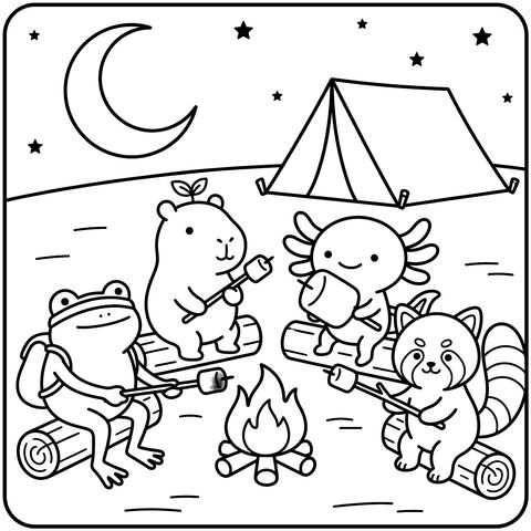 Cute Animal Coloring Page: Campfire Night
