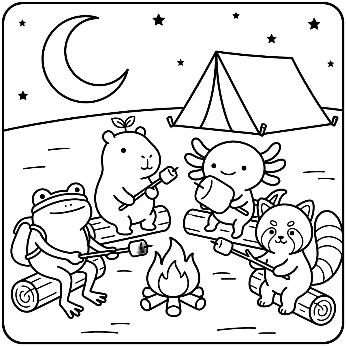 Cute Animal Coloring Page: Campfire Night, a free printable cute animal coloring page from Capy & Lotl and Friends