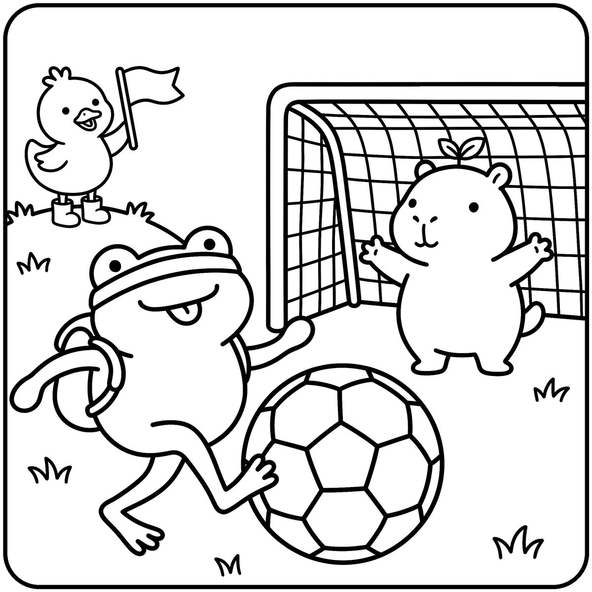 Frog Coloring Page: Soccer Match, a free printable frog coloring page from Capy & Lotl and Friends