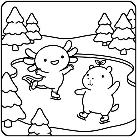 Ice Skating Coloring Page: Frozen Pond