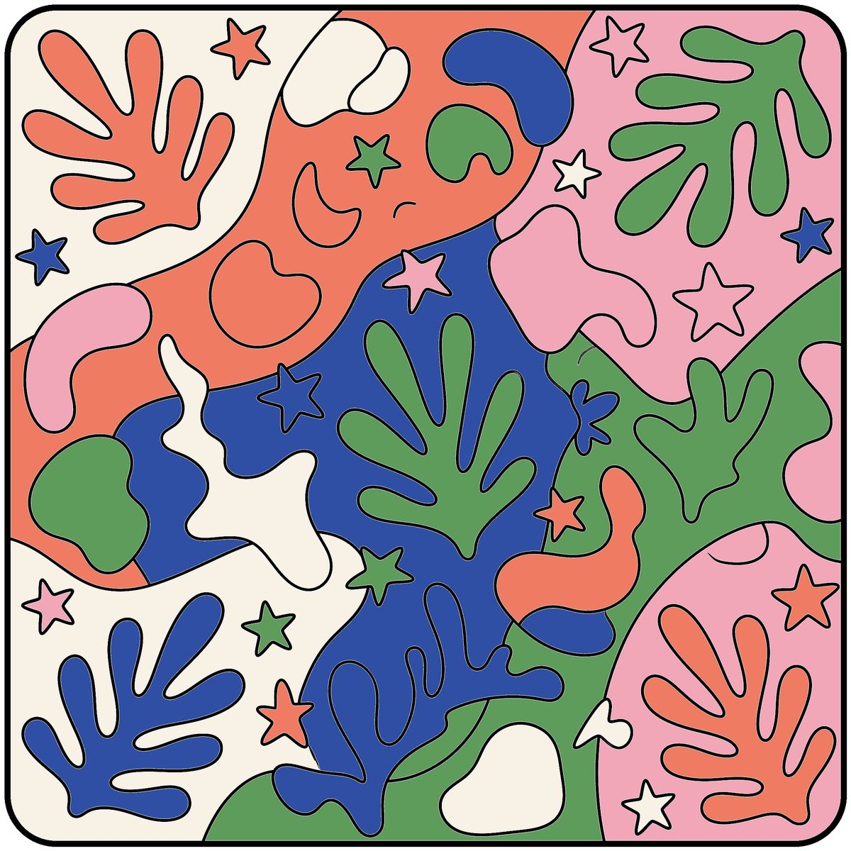 Matisse-Inspired Color by Number Page: finished colored preview in the Matisse Cut-Outs palette