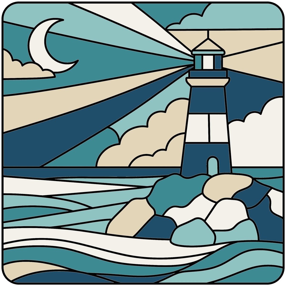 Ocean Lighthouse Color by Number for Adults: finished colored preview in the Ocean Calm palette