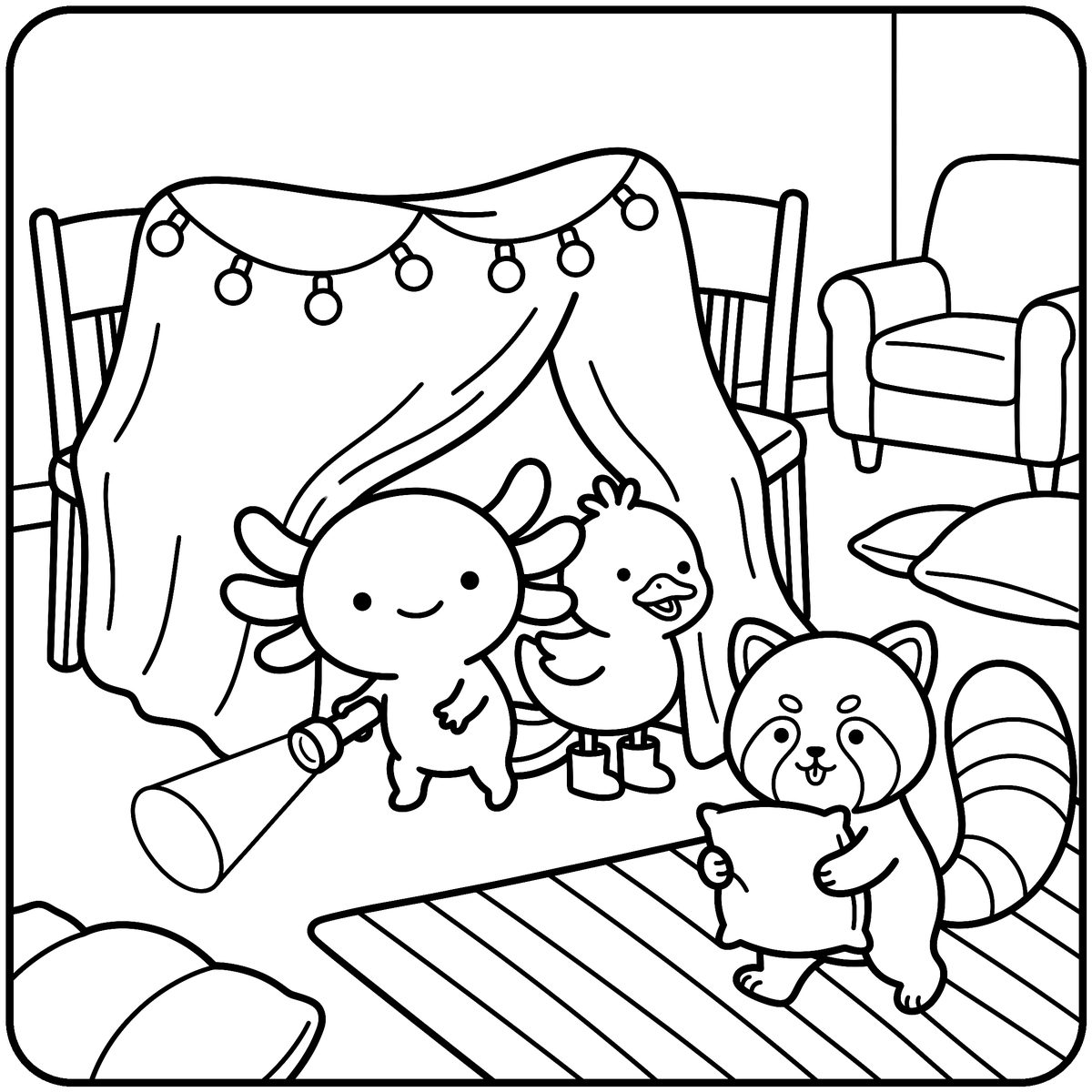 Red Panda Coloring Page: Blanket Fort, a free printable red panda coloring page from Capy & Lotl and Friends