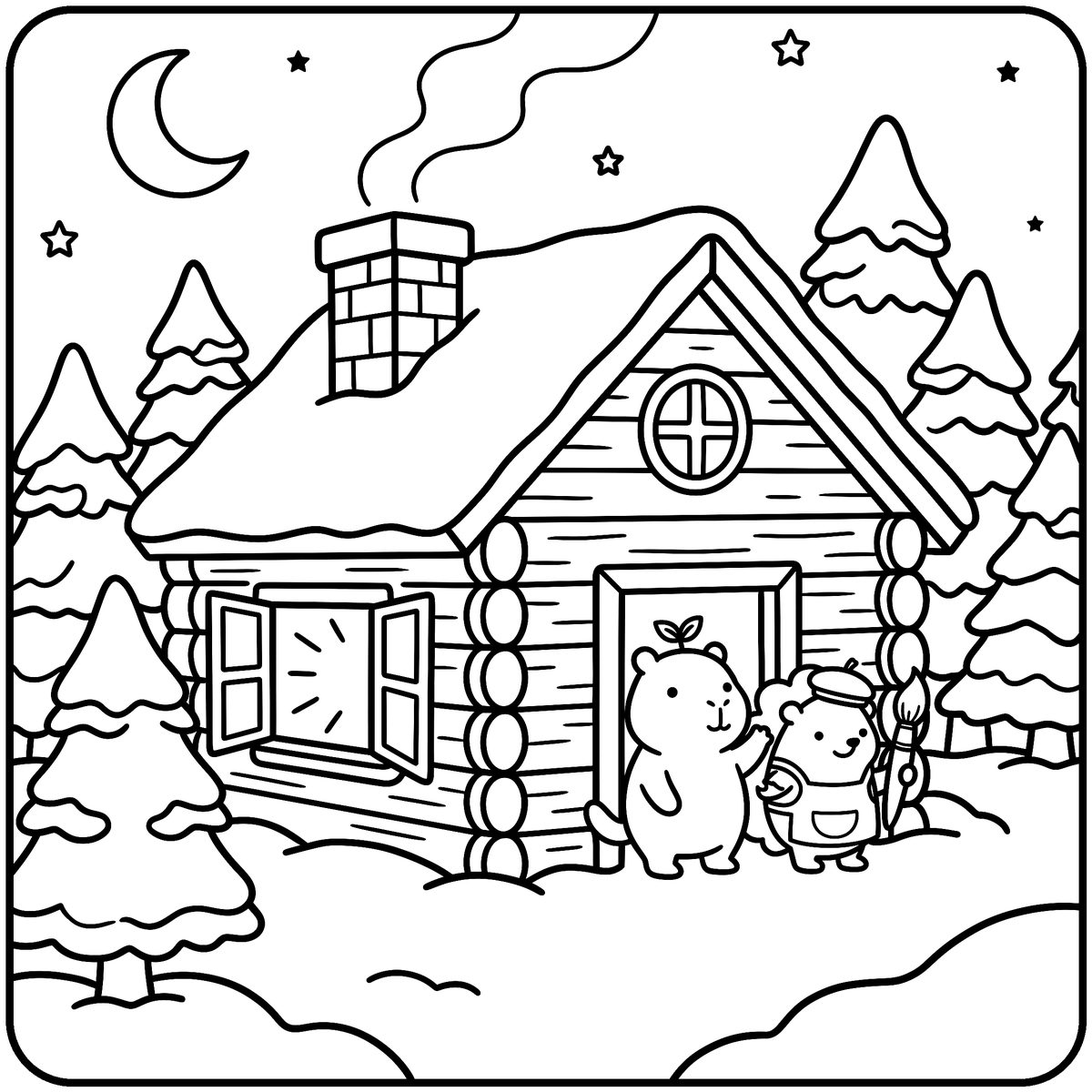 Winter Cabin Coloring Page: Cozy Night, a free printable winter coloring page from Capy & Lotl Winter Wonderland