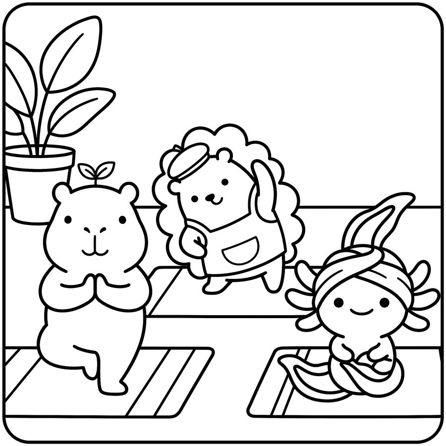 Free coloring page: Capy, Bramble and Lotl at a yoga class
